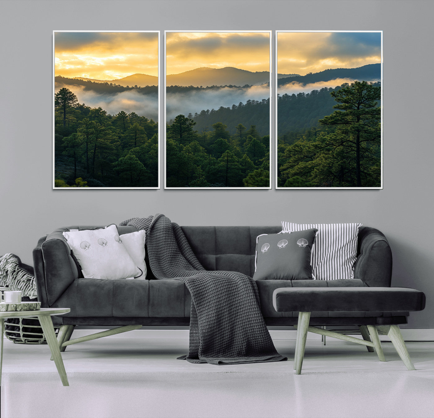 68082278-MGV-CV-36X24-Mountain Sunrise Wall Art Canvas Print, Framed Pine Forest Art Picture Print, Misty Mountains Perfect Earthy Woodland Decor