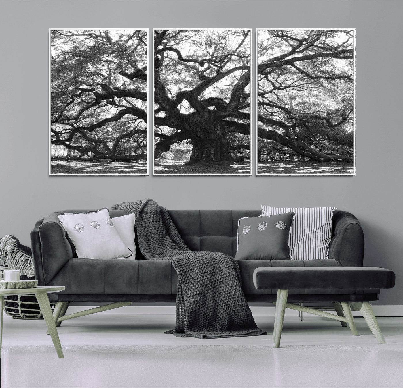 81655611-MGV-FC-60X30-3P_White-Ancient Oak Wall Art Canvas Print, Framed Twisted Branches Art Picture Print, Gnarled Tree Perfect Moody Nature Decor Artwork