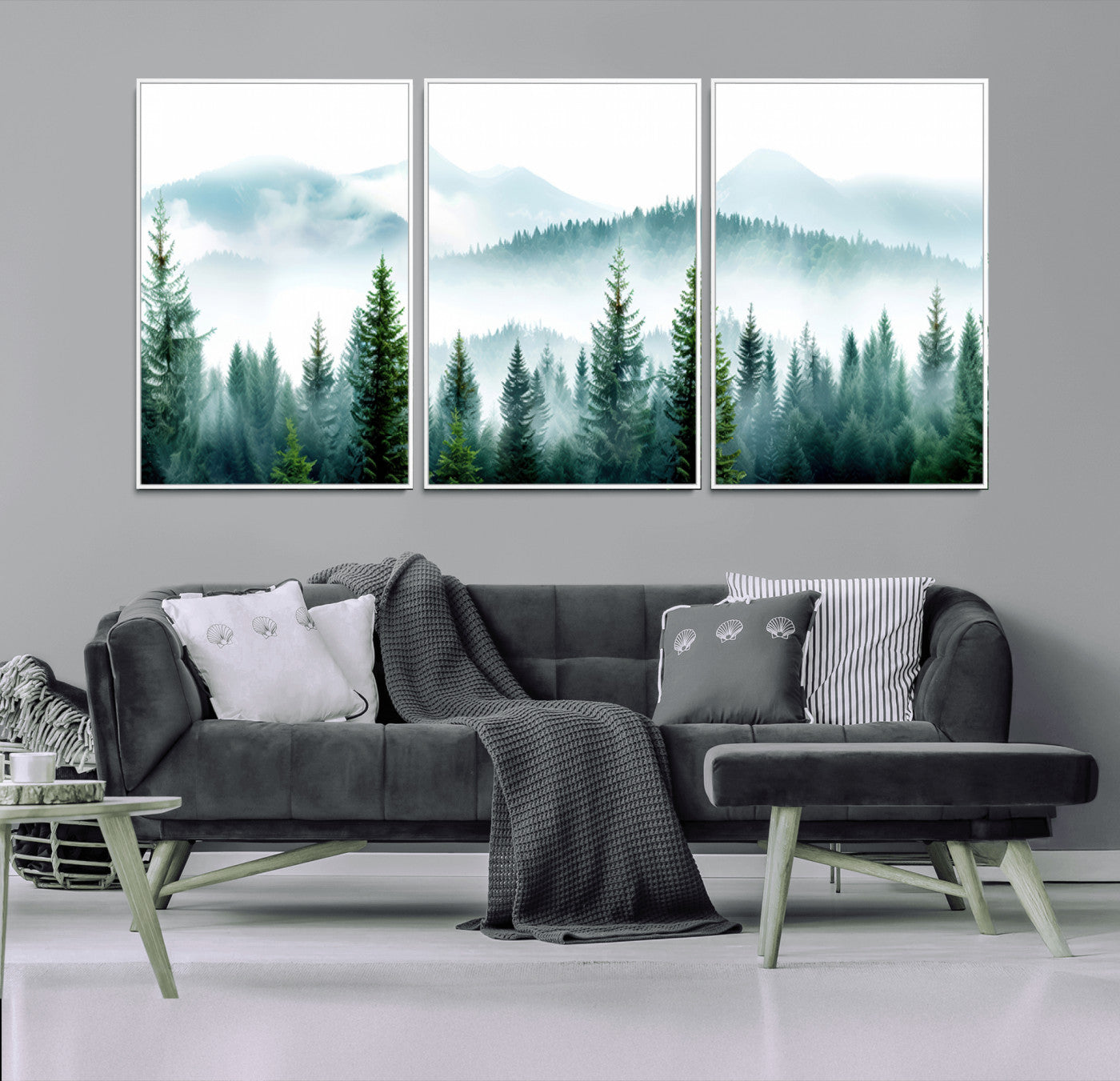 16716676-MGV-FC-60X30-3P_White-Pine Forest Wall Art Canvas Print, Framed Misty Mountains Art Picture Print, Foggy Trees Perfect Moody Forest Decor Artwork