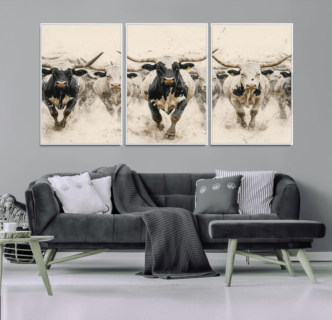 61538944-MGV-FC-60X30-3P_White-Texas Longhorn Wall Art Canvas Print, Framed Cattles Walking Art Picture Print, Black White Bulls Perfect Rustic Western Decor