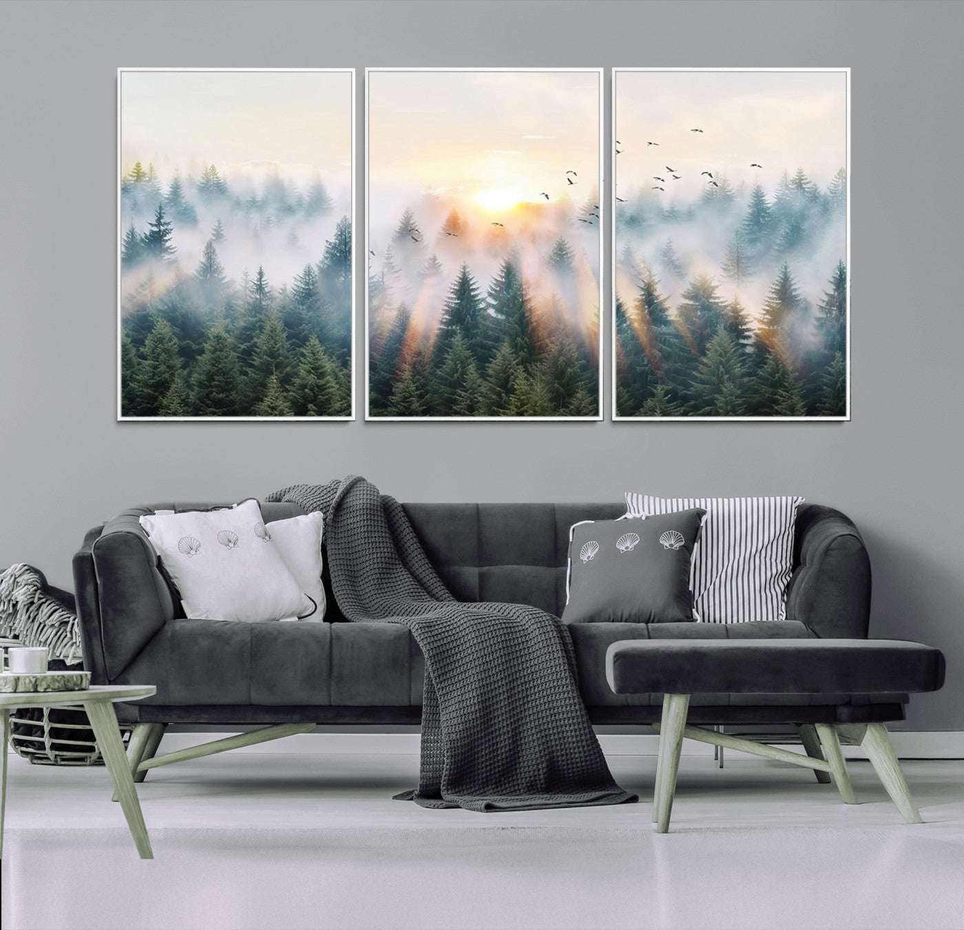 92718976-MGV-CV-36X24-Misty Forest Wall Art Canvas Print, Framed Sunrise Pines Art Picture Print, Foggy Woodland Perfect Moody Woodland Decor Artwork
