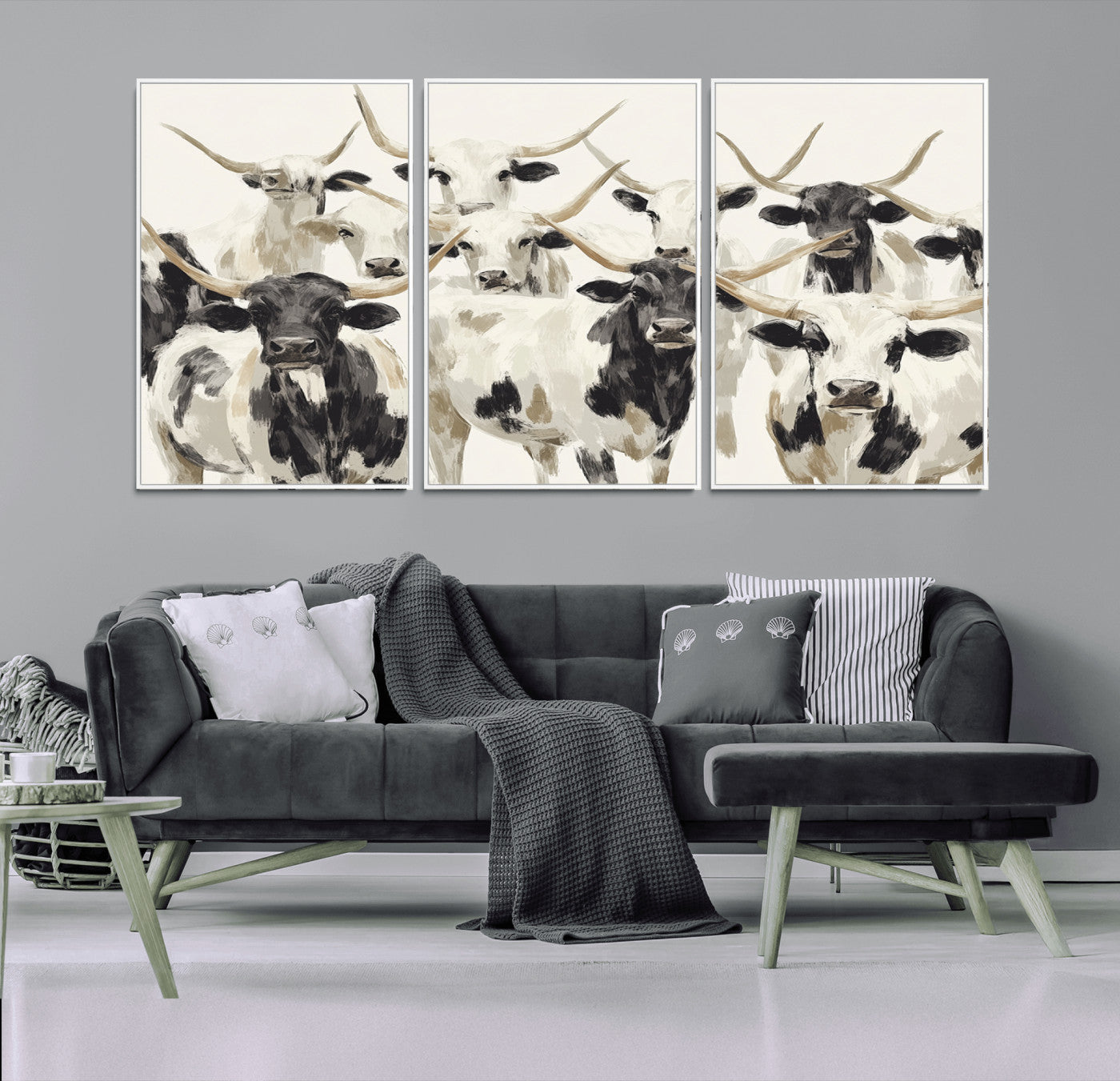 52947970-MGV-FC-60X30-3P_White-Texas Longhorn Wall Art Canvas Print, Framed Cattle Herd Art Picture Print, Herd Portrait Perfect Modern Farmhouse Decor Artwork