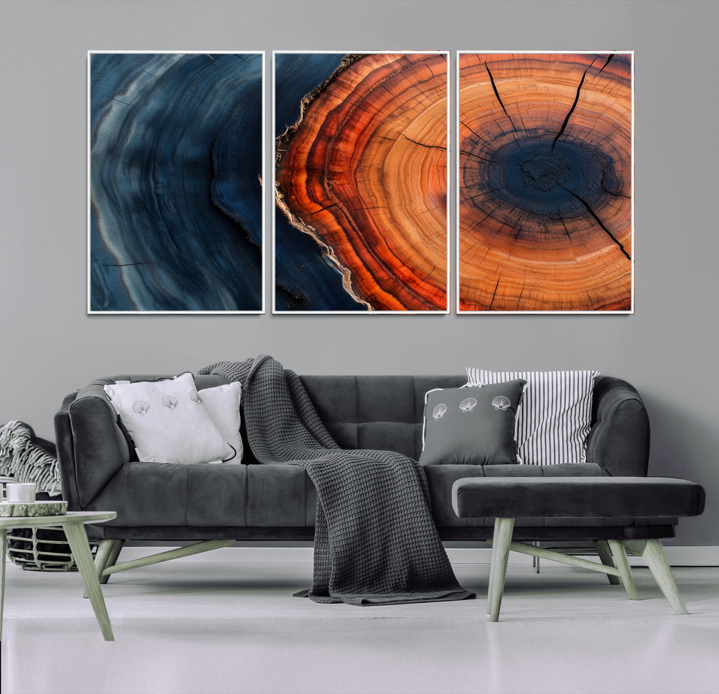 57732250-MGV-FC-60X30-3P_White-Tree Ring Abstract Wall Art – Blue Orange Wood Grain Canvas Print, Modern Rustic Nature Artwork for Living Room, Office,