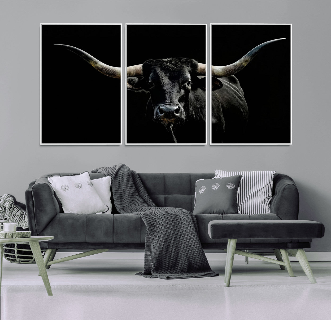 37531960-MGV-CV-36X24-Black Longhorn Bull Wall Art – Dramatic Western Cattle Canvas Print, Rustic Farmhouse Animal Artwork for Living Room, Bedroom,
