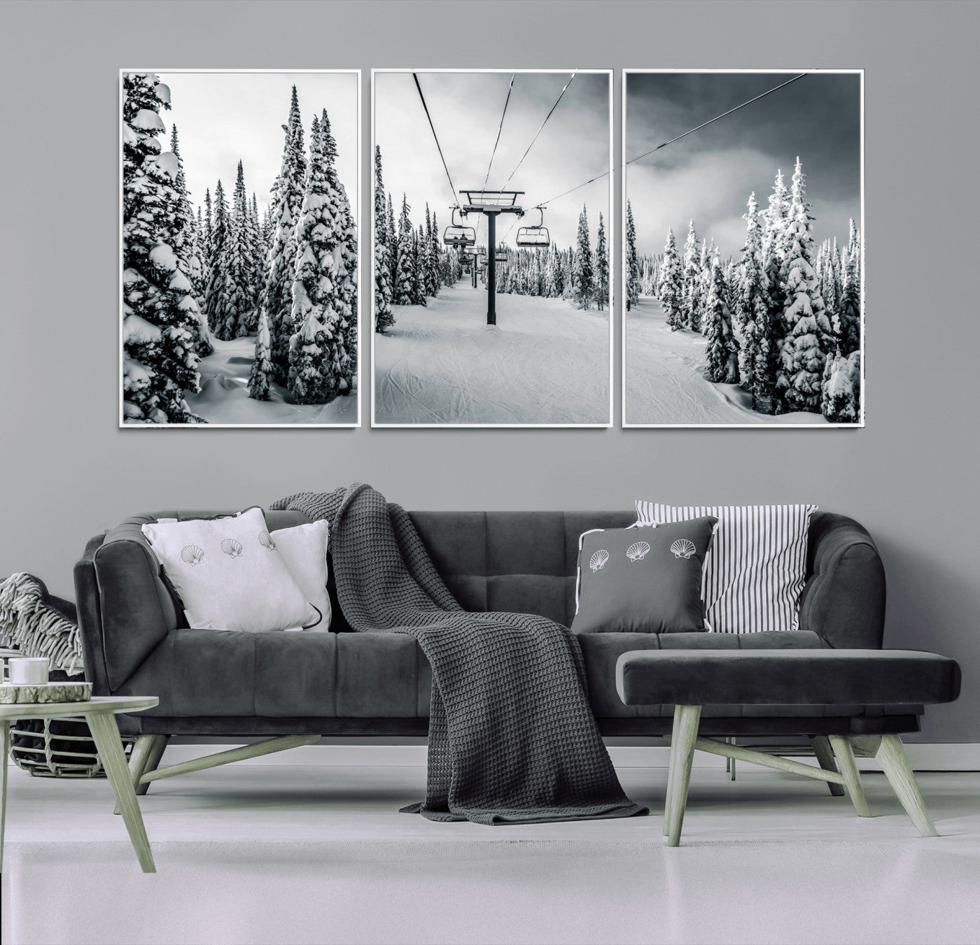 31156828-MGV-CV-36X24-Snowy Pines Wall Art Canvas Print, Framed Ski Lift Art Picture Print, Winter Forest Perfect Moody Lodge Decor Artwork