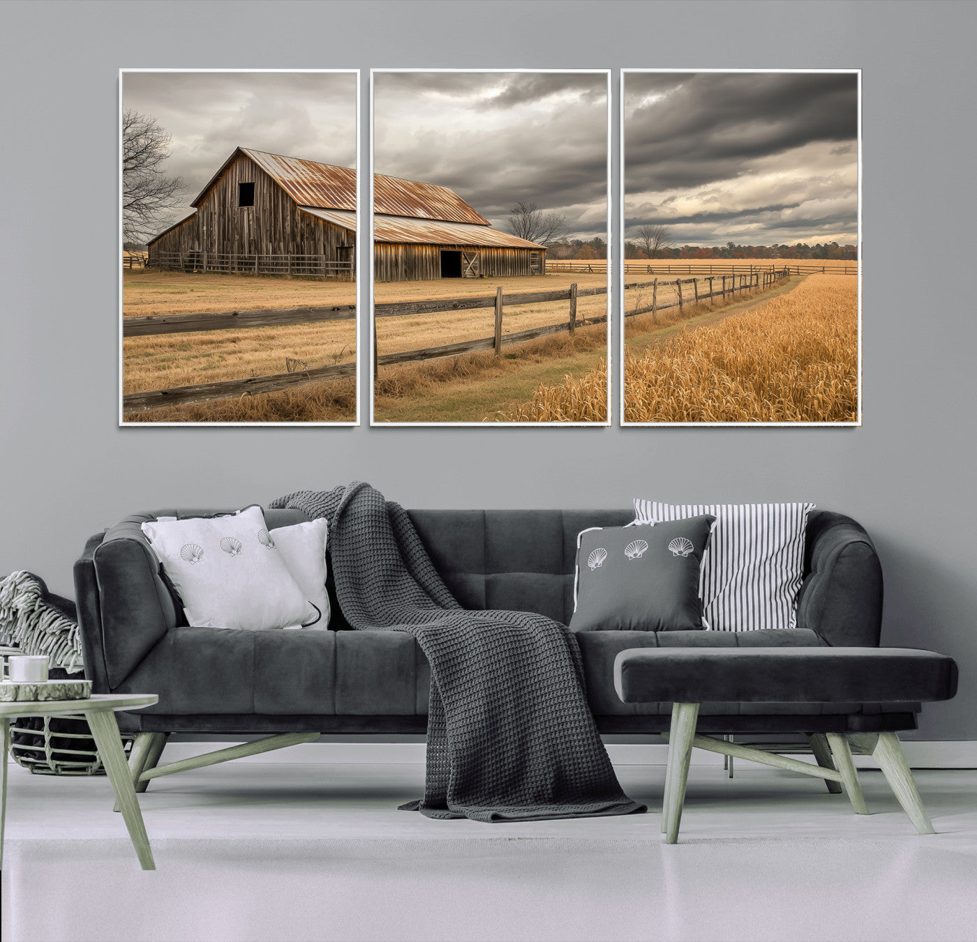 26821575-MGV-FC-60X30-3P_White-Old Barn Wall Art Canvas Print, Framed Rustic Barn Art Picture Print, Moody Farm Perfect Rustic Farmhouse Decor Artwork