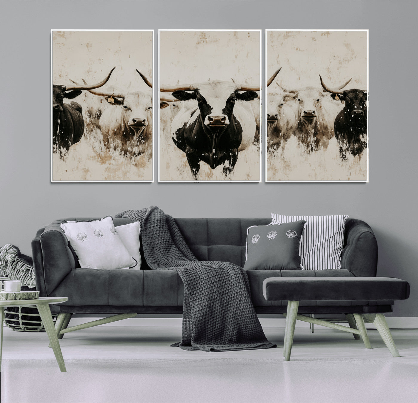 12027562-MGV-CV-36X24-Longhorn Cattle Wall Art Canvas Print, Framed Bison Herd Art Picture Print, Cattle Group Perfect Rustic Farmhouse Decor Artwork