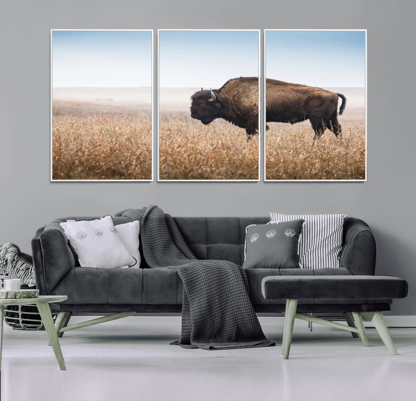 91267849-MGV-FC-60X30-3P_White-Wild Bison Wall Art Canvas Print, Framed Bison in Prairie Art Picture Print, Rustic Western Perfect Rustic Western Decor Artwork