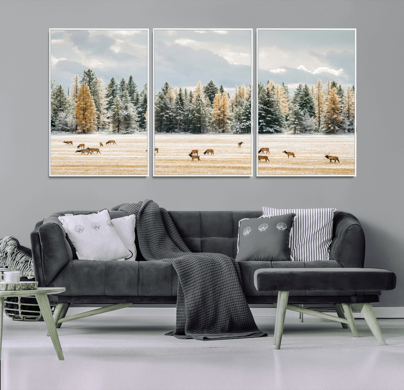 64188182-MGV-CV-36X24-Elk Herd Wall Art Canvas Print, Framed Snowy Forest Art Picture Print, Forest Elks Perfect Neutral Rustic Decor Artwork