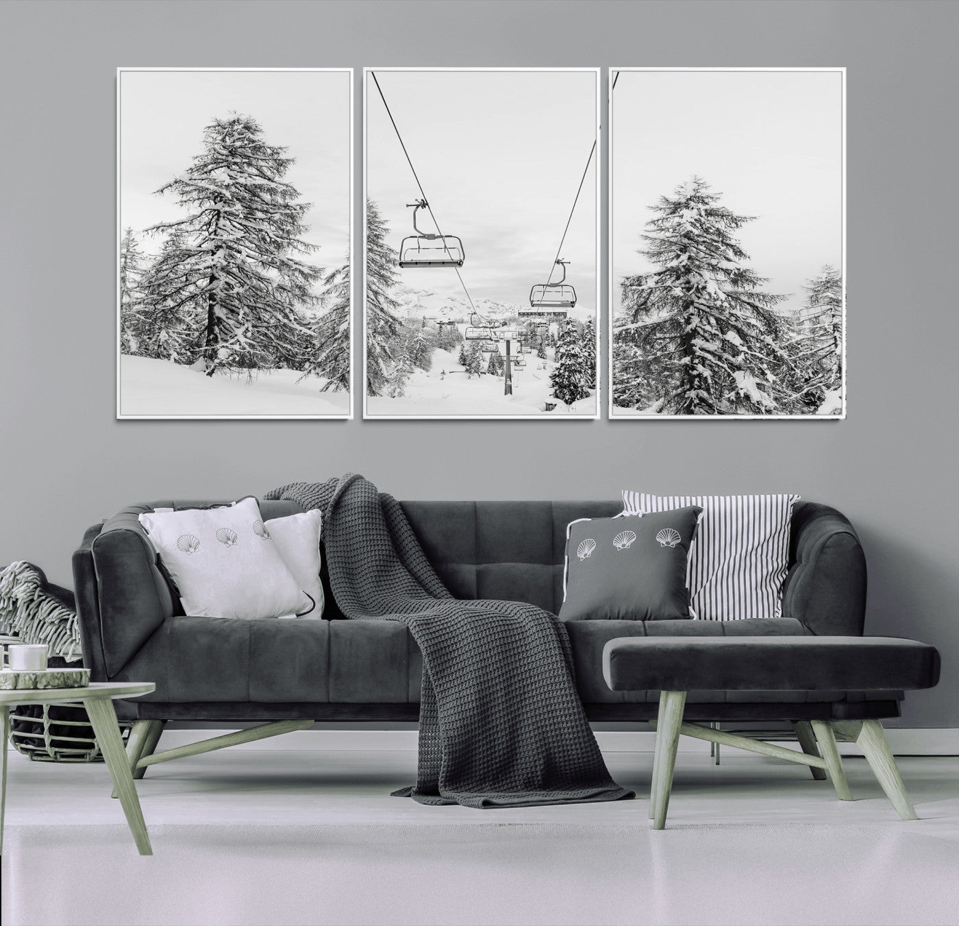 55003599-MGV-CV-36X24-Snowy Ski Lift Wall Art Canvas Print, Framed Winter Forest Art Picture Print, Ski lift Ride Perfect Winter Lodge Decor Artwork