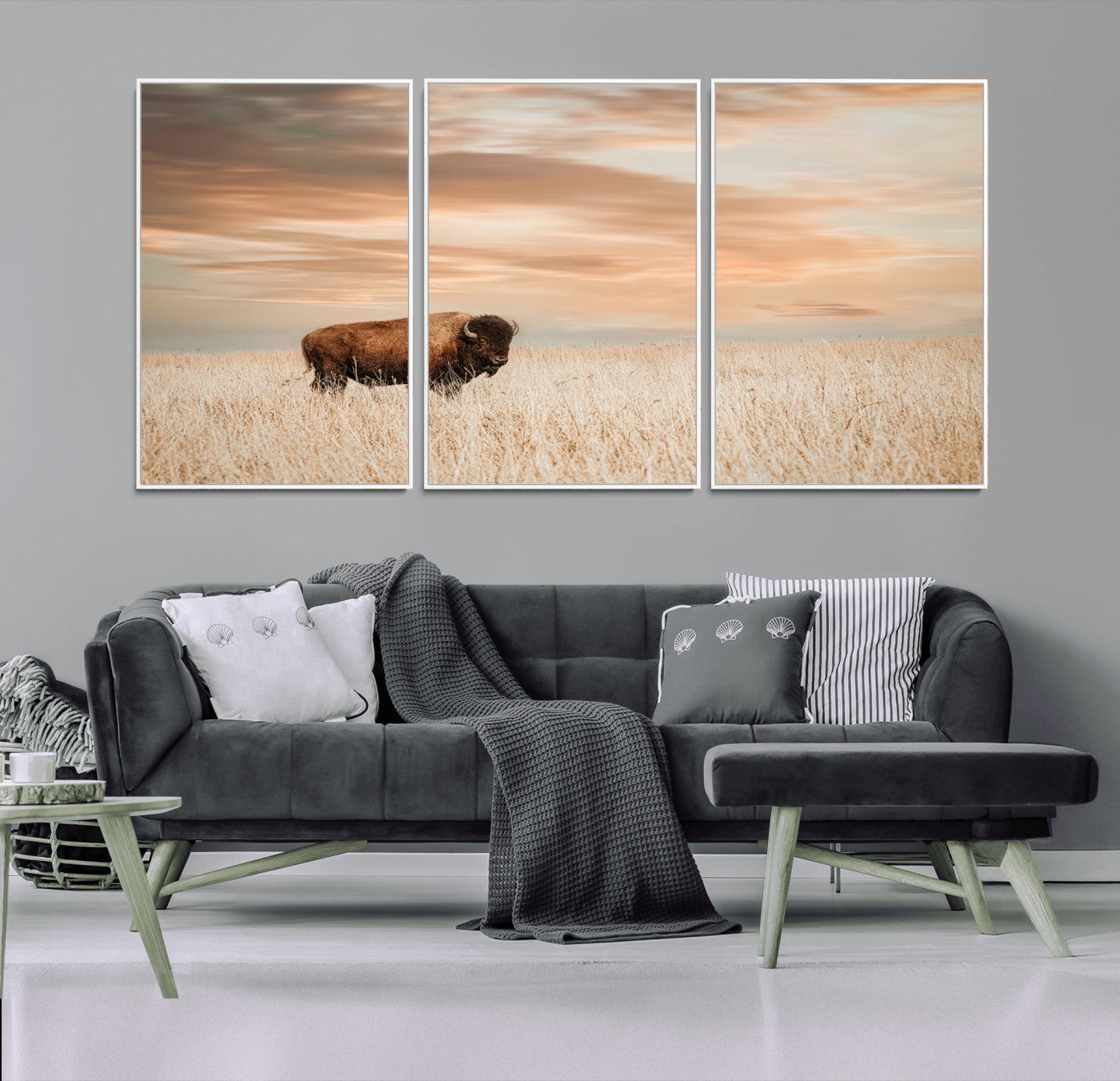 87282289-MGV-FC-60X30-3P_White-Bison Wall Art Canvas Print, Framed Buffalo Art Picture Print, Western Prairie Perfect Rustic Decor Artwork