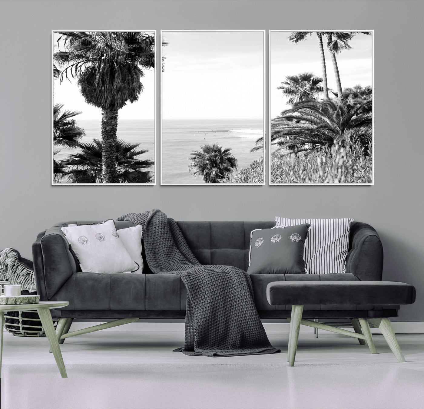 89458520-MGV-FC-60X30-3P_White-Palm Trees Wall Art Canvas Print, Framed Coastal View Art Picture Print, Ocean Horizon Perfect Monochrome Coast Decor Artwork