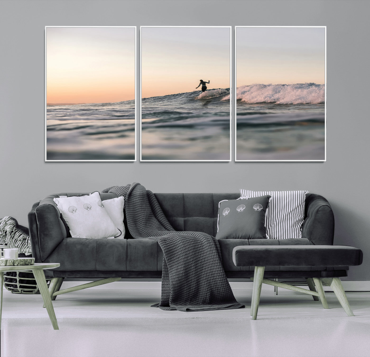 58502923-MGV-FC-60X30-3P_White-Wave Rider Wall Art Canvas Print, Framed Ocean Wave Art Picture Print, Riding Surf Perfect Sunset Surf Decor Artwork