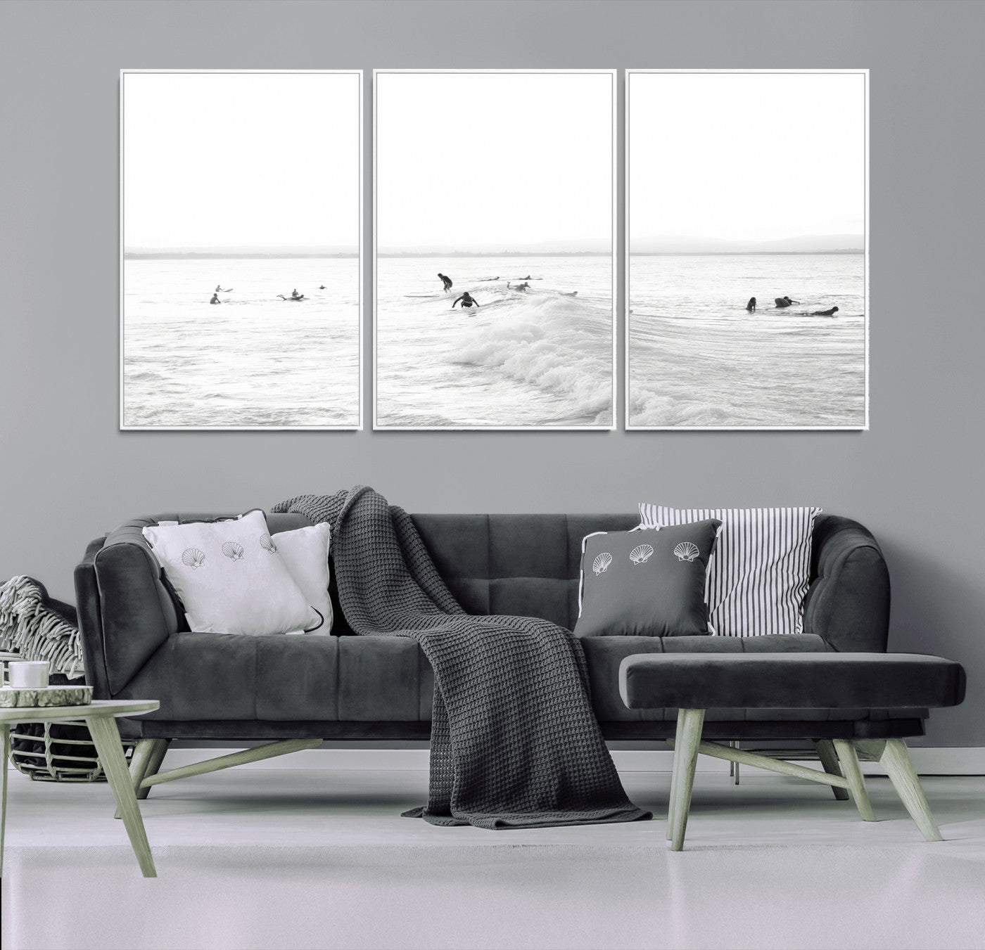 33449548-MGV-CV-36X24-Group Surfers Wall Art Canvas Print, Framed Ocean Wave Art Picture Print, Surf Crowd Perfect Monochrome Surf Decor Artwork