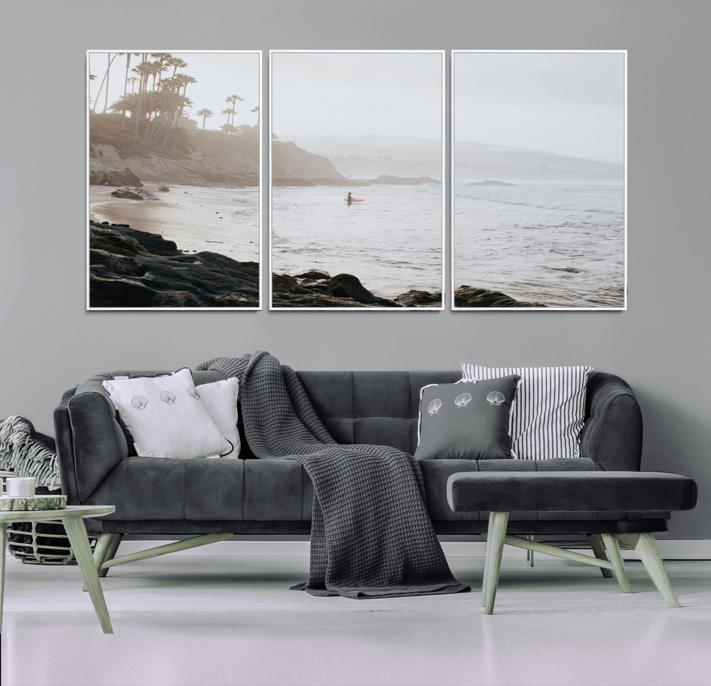 62501405-MGV-CV-36X24-Misty Beach Wall Art Canvas Print, Framed California Surfer Art Picture Print, Coastal Cliff Perfect Coastal Beach Decor Artwork