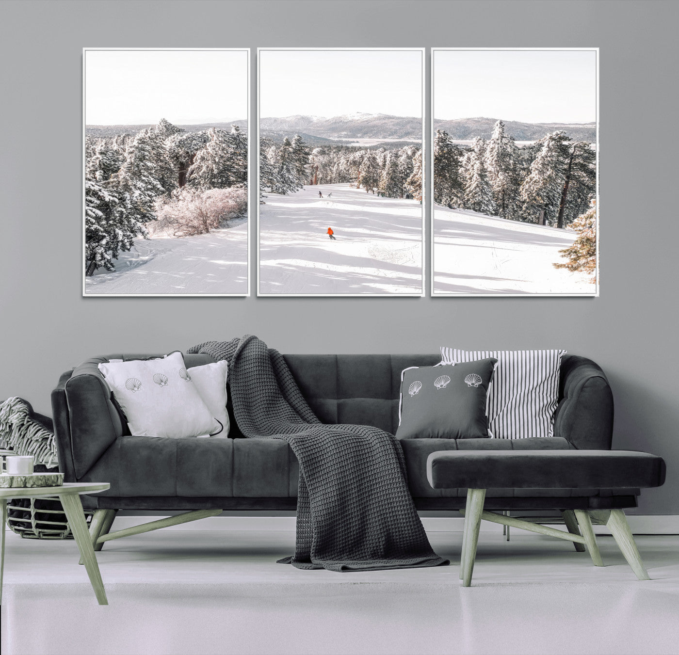 62119206-MGV-FC-60X30-3P_White-Snowy Trail Wall Art Canvas Print, Framed Ski Slope Art Picture Print, Winter Pines Perfect Alpine Adventure Decor Artwork