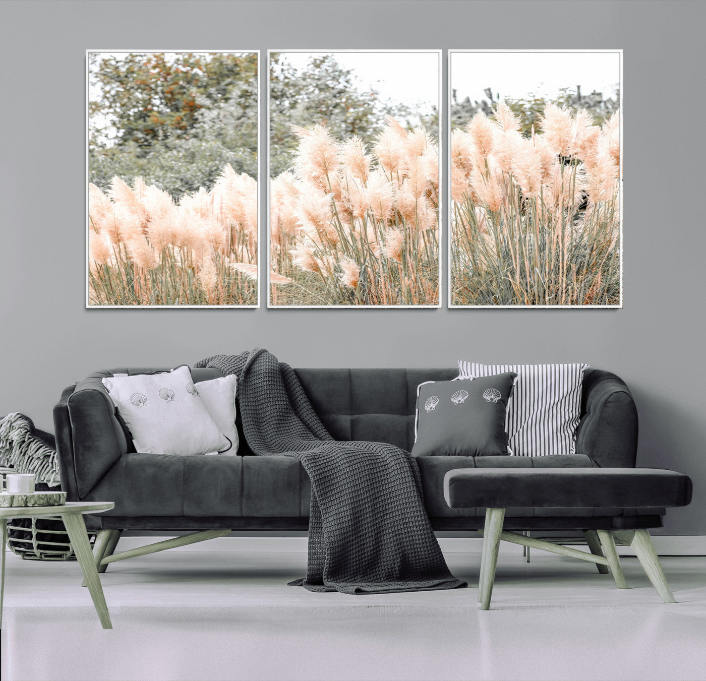 21826392-MGV-FC-60X30-3P_White-Pampas Grass Wall Art Canvas Print, Framed Soft Pampas Art Picture Print, Pastel Grasses Perfect Soft Neutral Boho Decor Artwork
