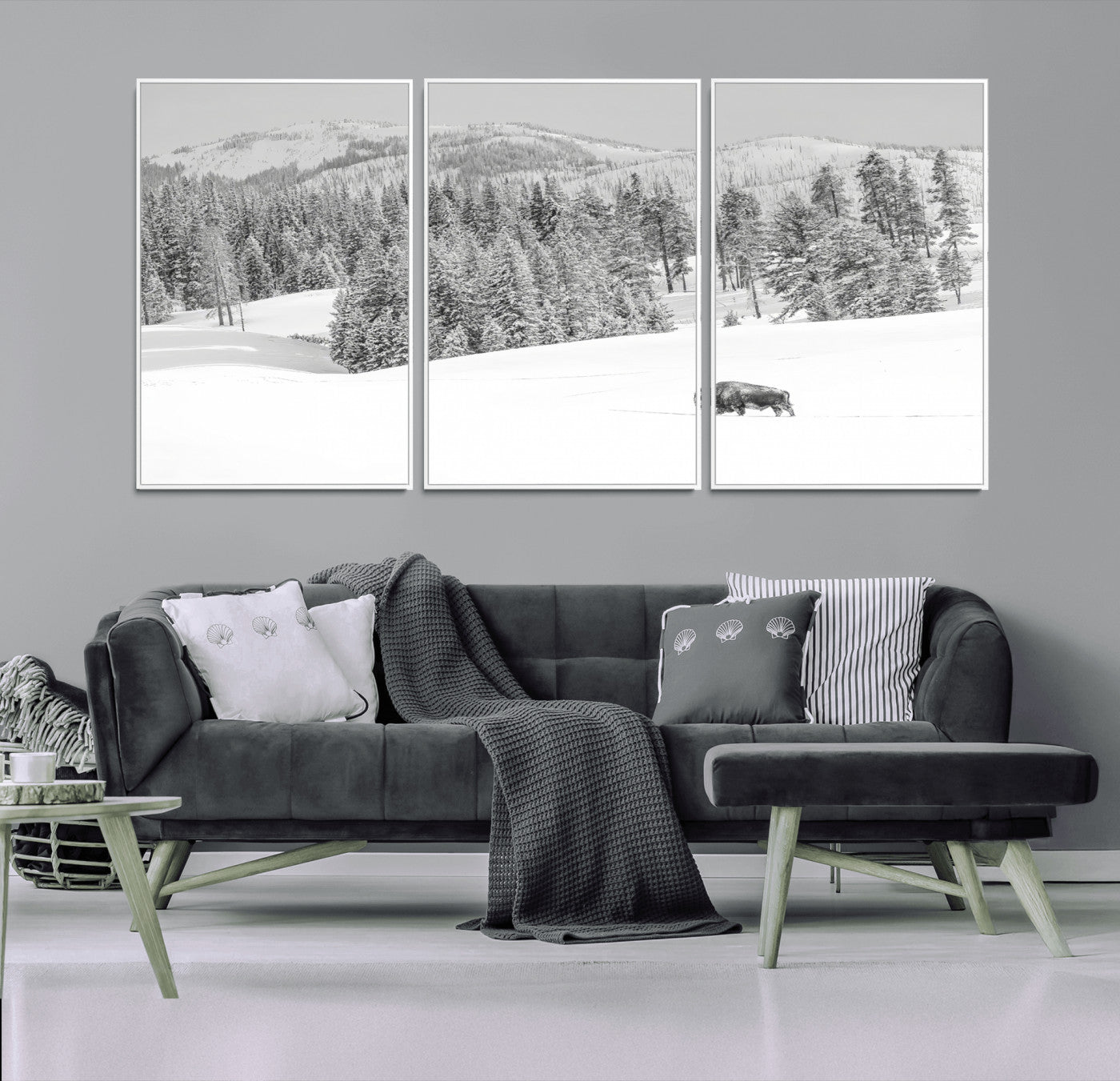 68081143-MGV-CV-36X24-Snowy Bison Wall Art Canvas Print, Framed Winter Forest Art Picture Print, Lone Bison Perfect Monochrome Winter Wild Decor Artwork
