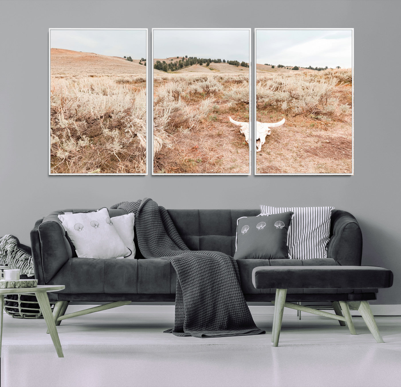 97234735-MGV-FC-60X30-3P_White-Rustic Bones Wall Art Canvas Print, Framed Desert Sage Art Picture Print, Prairie Skull Perfect Minimal Rustic Decor Artwork