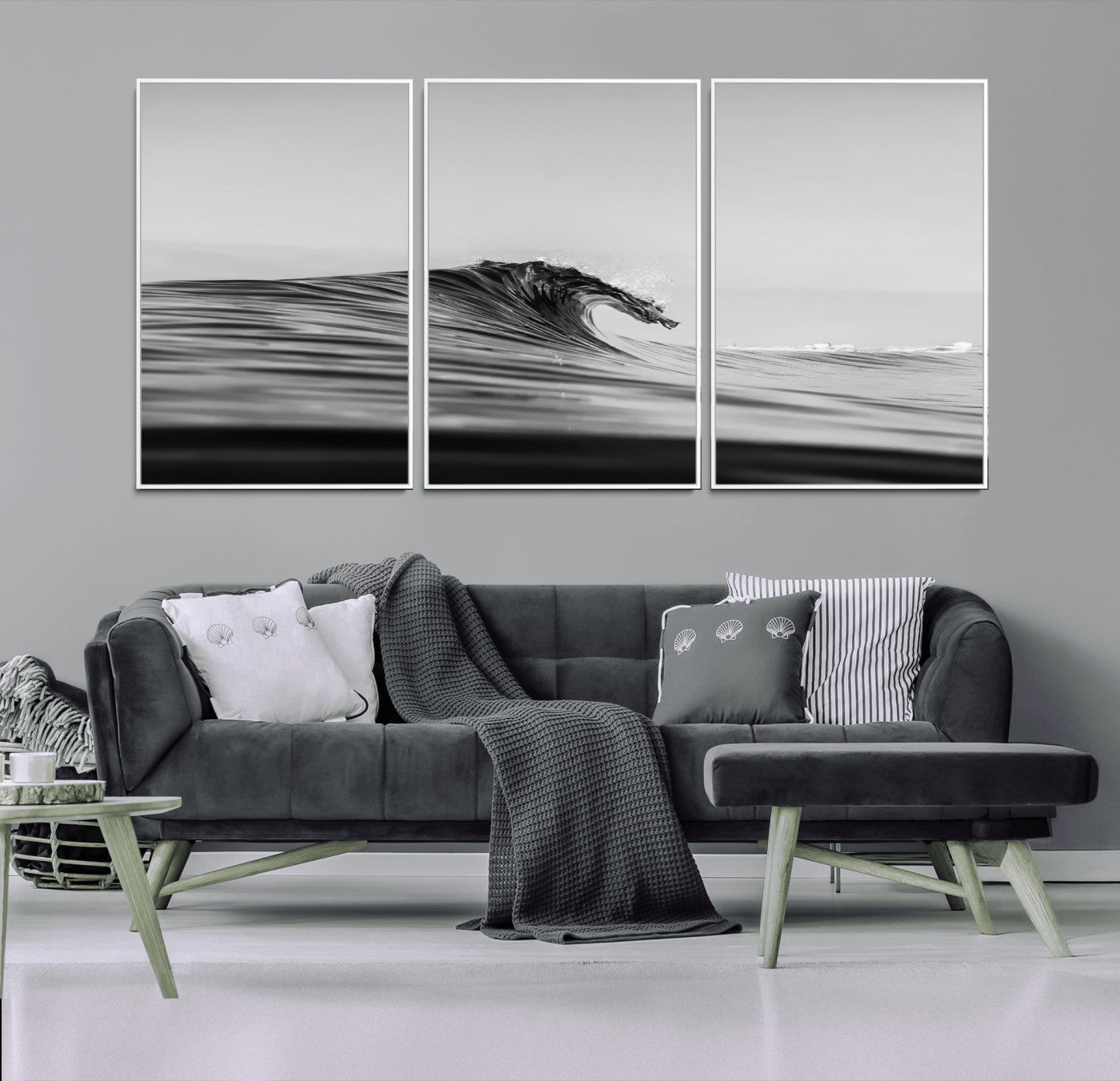 24029476-MGV-FC-60X30-3P_White-Black Wave Wall Art Canvas Print, Framed Abstract Surf Art Picture Print, Minimalist Ocean Perfect Minimalist Coastal Decor