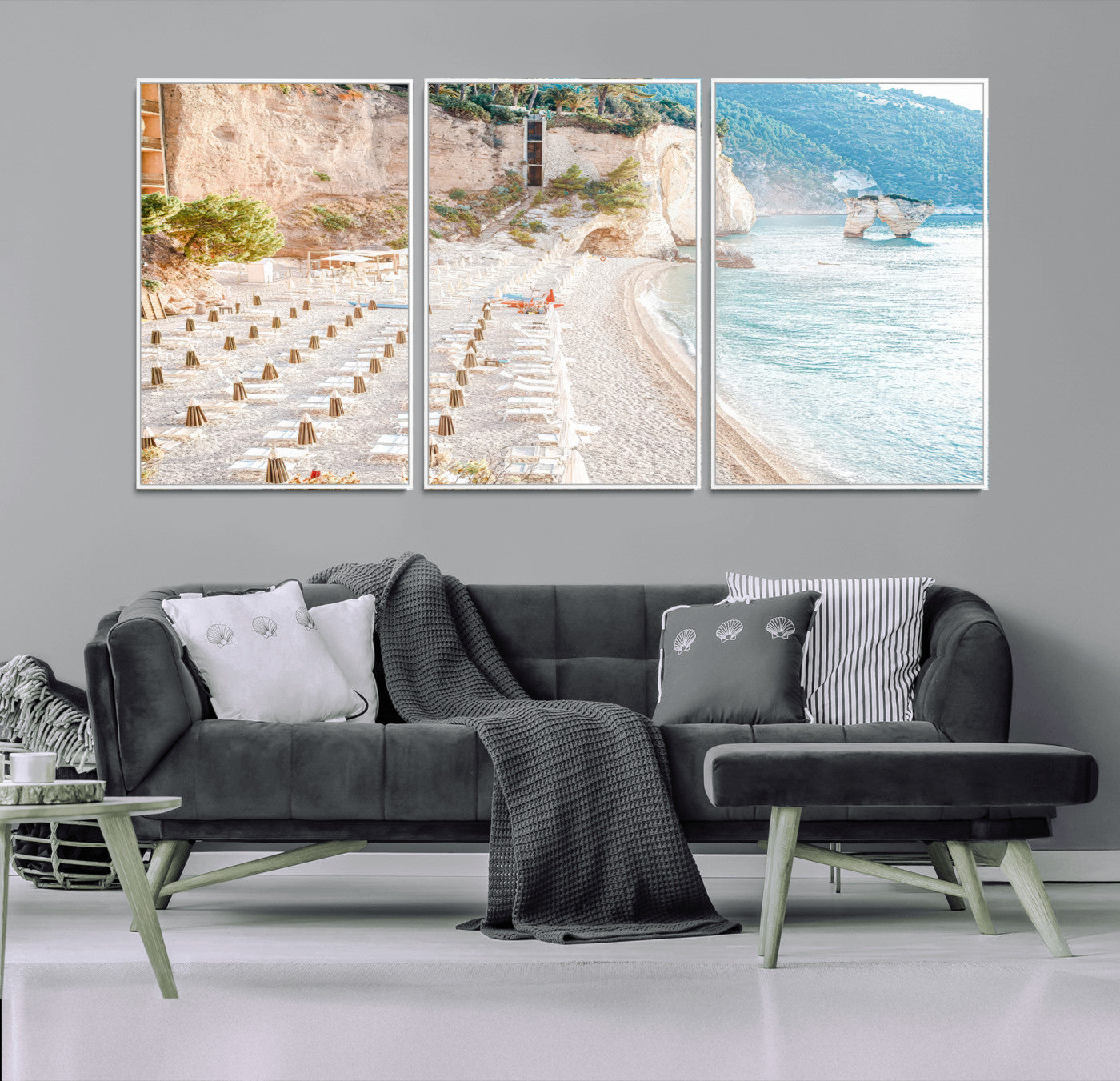 84816639-MGV-FC-60X30-3P_White-Mediterranean Beach Wall Art Canvas Print, Framed Airy Coastal Art Picture Print, Summer Shore Perfect Coastal Retreat Decor