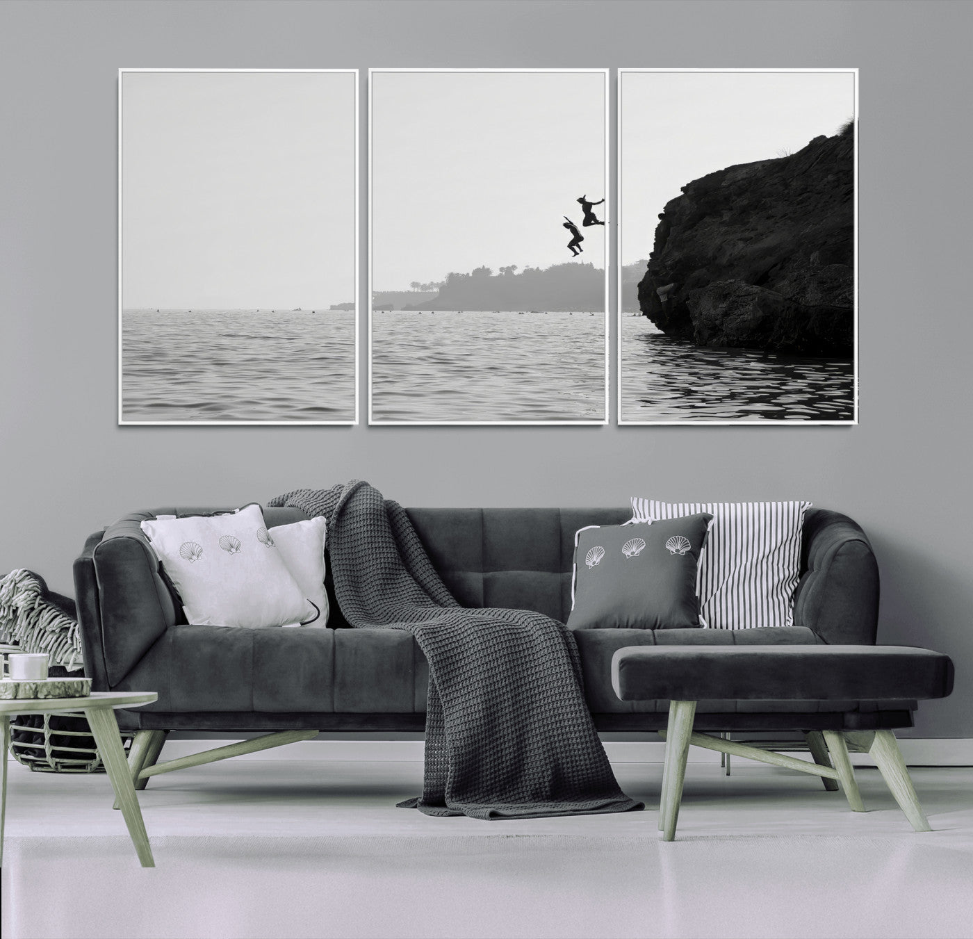 52284302-MGV-CV-36X24-Cliff Jumping Wall Art Canvas Print, Framed Ocean Adventure Art Picture Print, Black White Coast Perfect Modern Coastal Decor