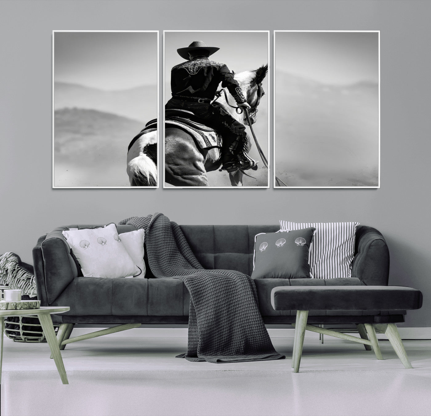 83102464-MGV-FC-60X30-3P_White-Western Cowboy Wall Art Canvas Print, Framed Monochrome Horse Art Picture Print, Western Equestrian Perfect Rustic Western Decor