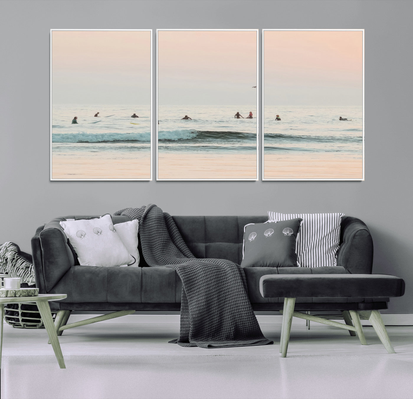 98888919-MGV-FC-60X30-3P_White-Pastel Ocean Wall Art Canvas Print, Framed Soft Sunset Swimming Art Picture Print, Calm Sea Horizon Perfect Soft Coastal