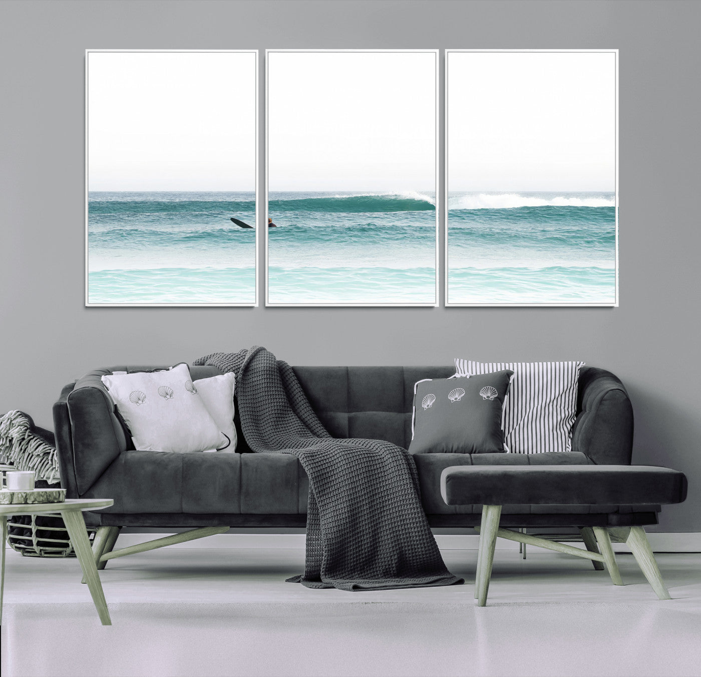 56345117-MGV-FC-60X30-3P_White-Minimalist Surfing Wall Art Canvas Print, Framed Ocean Waves Art Picture Print, Soft Ocean Perfect Minimalist Coastal Decor