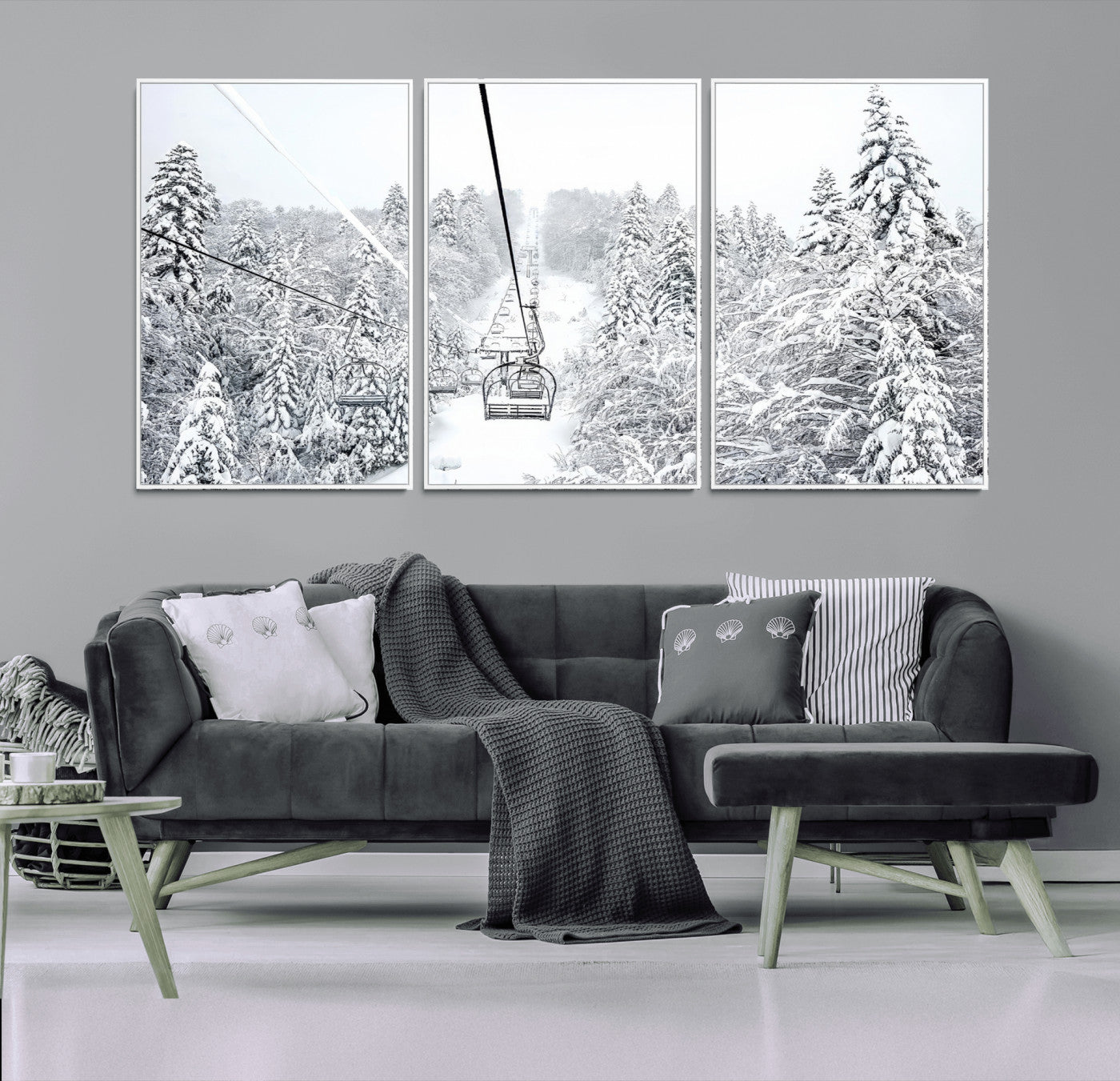 44705668-MGV-CV-36X24-Winter Forest Wall Art Canvas Print, Framed Snowy Forest Art Picture Print, Ski Lift Perfect Scandinavian Decor Artwork