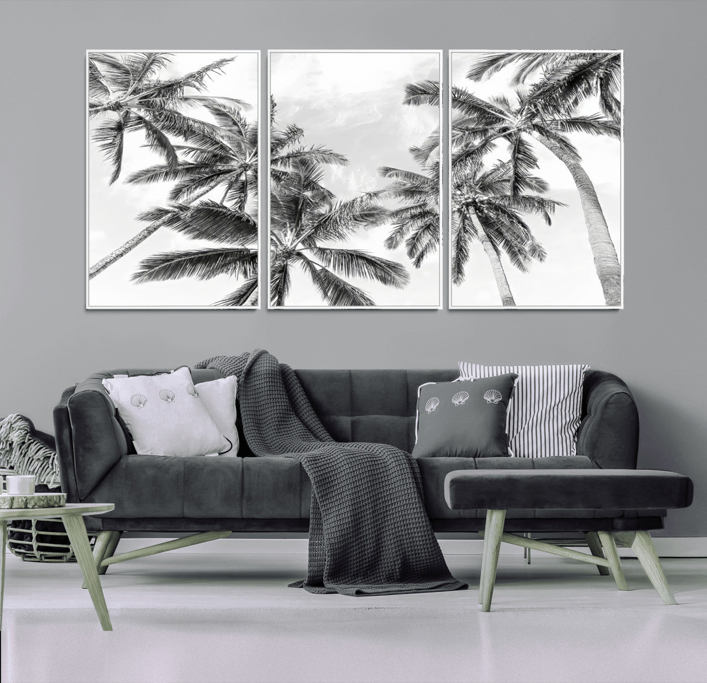 62113786-MGV-FC-60X30-3P_White-Black White Palm Wall Art Canvas Print, Framed Monochrome Tropics Art Picture Print, Minimalist Beach Perfect Coastal Minimalist