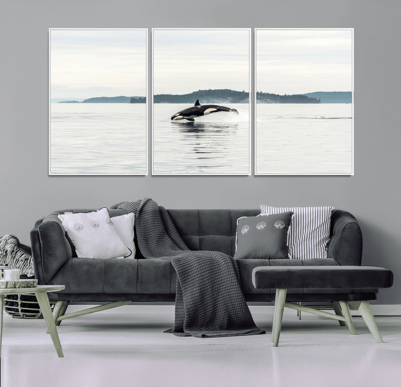 10157174-MGV-FC-60X30-3P_White-Orca Whale Wall Art Canvas Print, Framed Black White Whale Art Picture Print, Minimalist Ocean Perfect Coastal Minimalist Decor