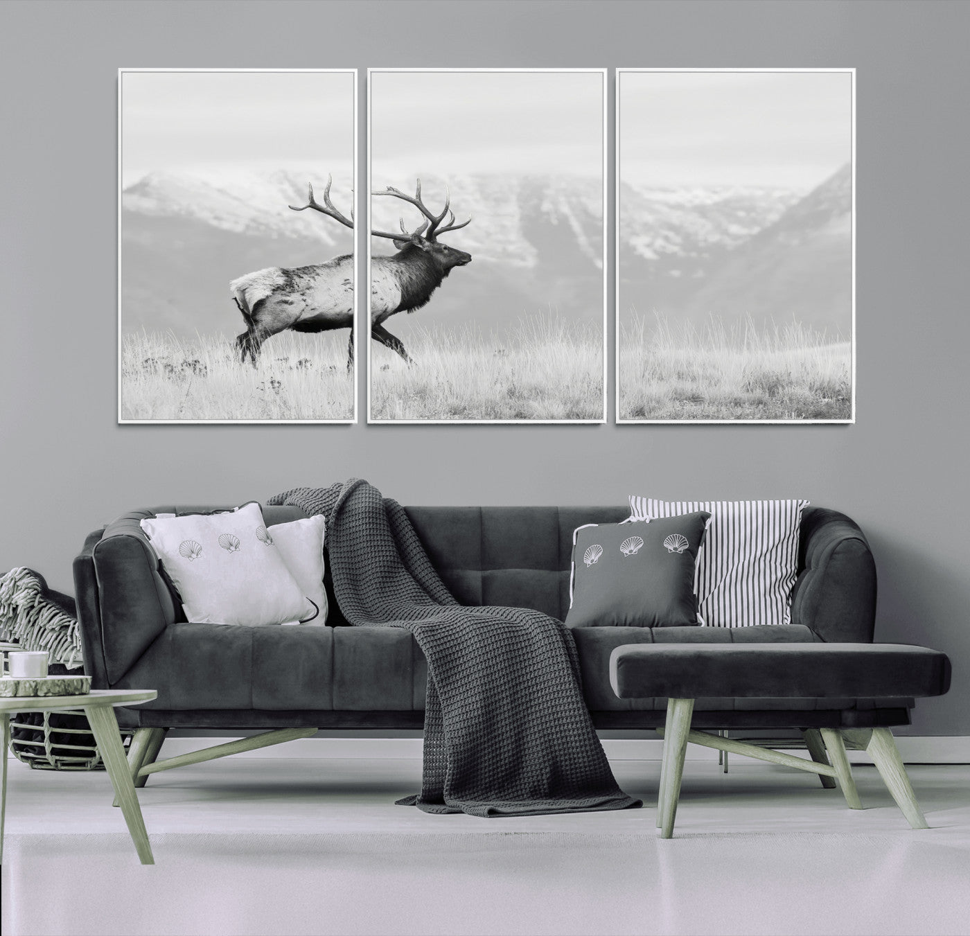 62278753-MGV-CV-36X24-Monochrome Elk Wall Art Canvas Print, Framed Mountain Wildlife Art Picture Print, Rustic Nature Perfect Rustic Minimalist Decor