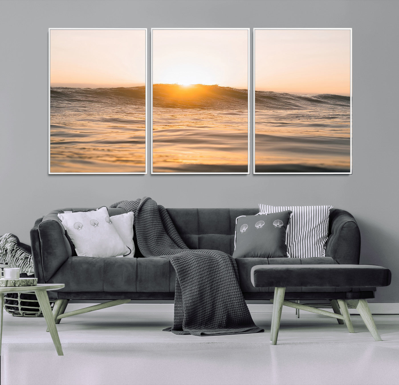 16973771-MGV-FC-60X30-3P_White-Calm Water Wall Art Canvas Print, Framed Sunset Waves Art Picture Print, Coastal Warmth Perfect Warm Minimalist Decor Artwork