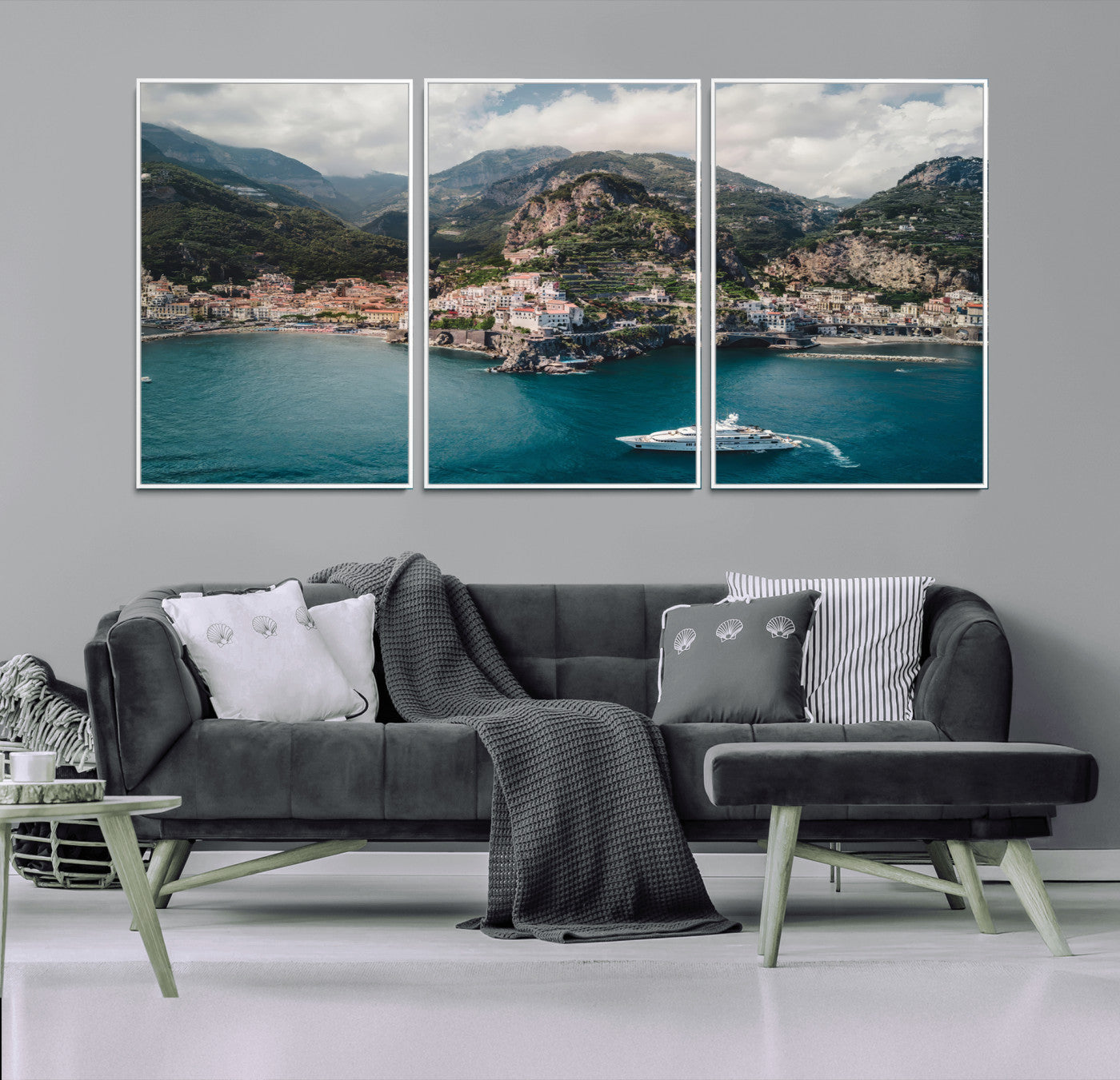 20321590-MGV-FC-60X30-3P_White-Amalfi Coast Wall Art Canvas Print, Framed Italy Travel Art Picture Print, Mediterranean Landscape Perfect Mediterranean Coastal