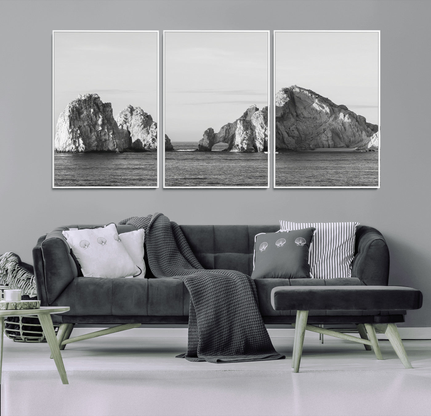 18810731-MGV-CV-36X24-Rugged Coastline Wall Art Canvas Print, Framed Ocean Cliffs Art Picture Print, Monochrome Seascape Perfect Coastal Minimalist