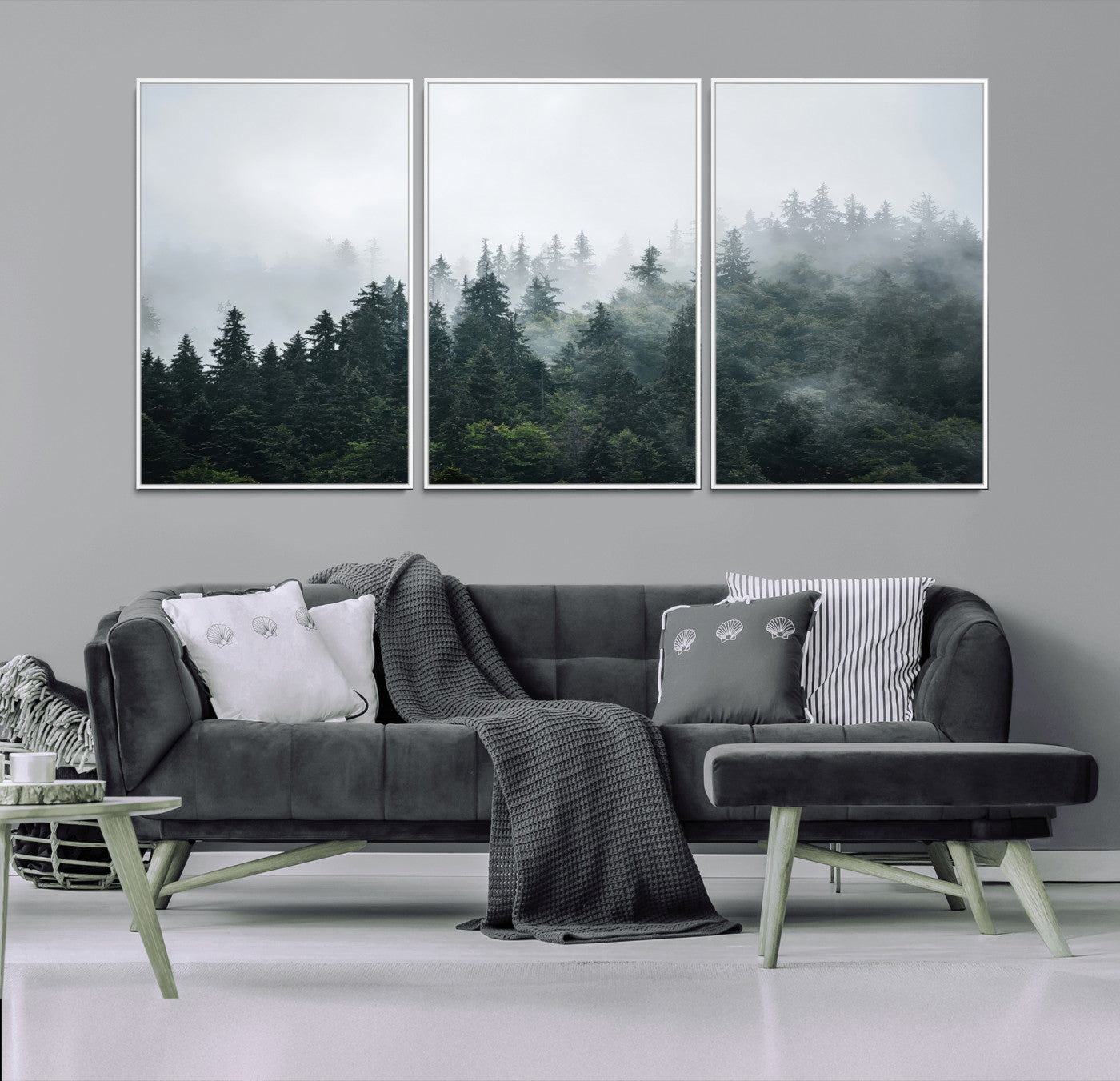 84146572-MGV-FC-60X30-3P_White-Foggy Pine Trees Wall Art Canvas Print, Framed Forest Nature Art Picture Print, Evergreen Forest Perfect Scandinavian Minimalist