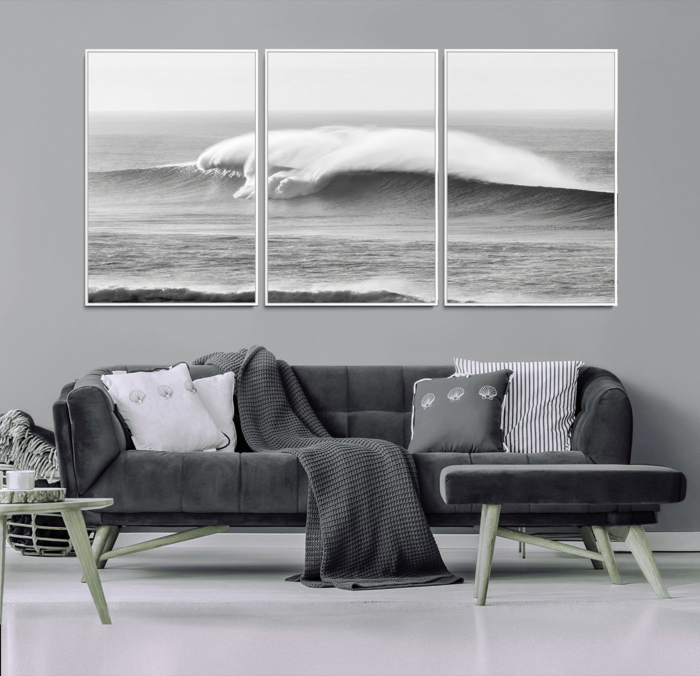 42544082-MGV-FC-60X30-3P_White-Monochrome Seascape Wall Art Canvas Print, Framed Surf Wave Art Picture Print, Minimalist Ocean Perfect Moody Coastal Decor