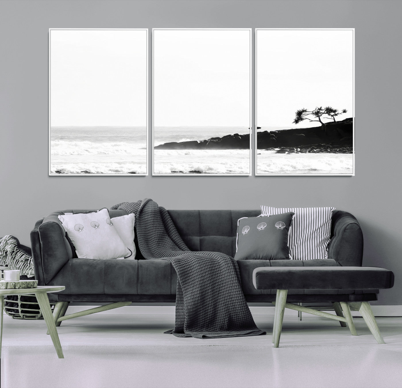 40875891-MGV-CV-36X24-SurferCliffs Wall Art Canvas Print, Framed Black White Beach Art Picture Print, Ocean Waves Perfect Minimalist Coastal Decor