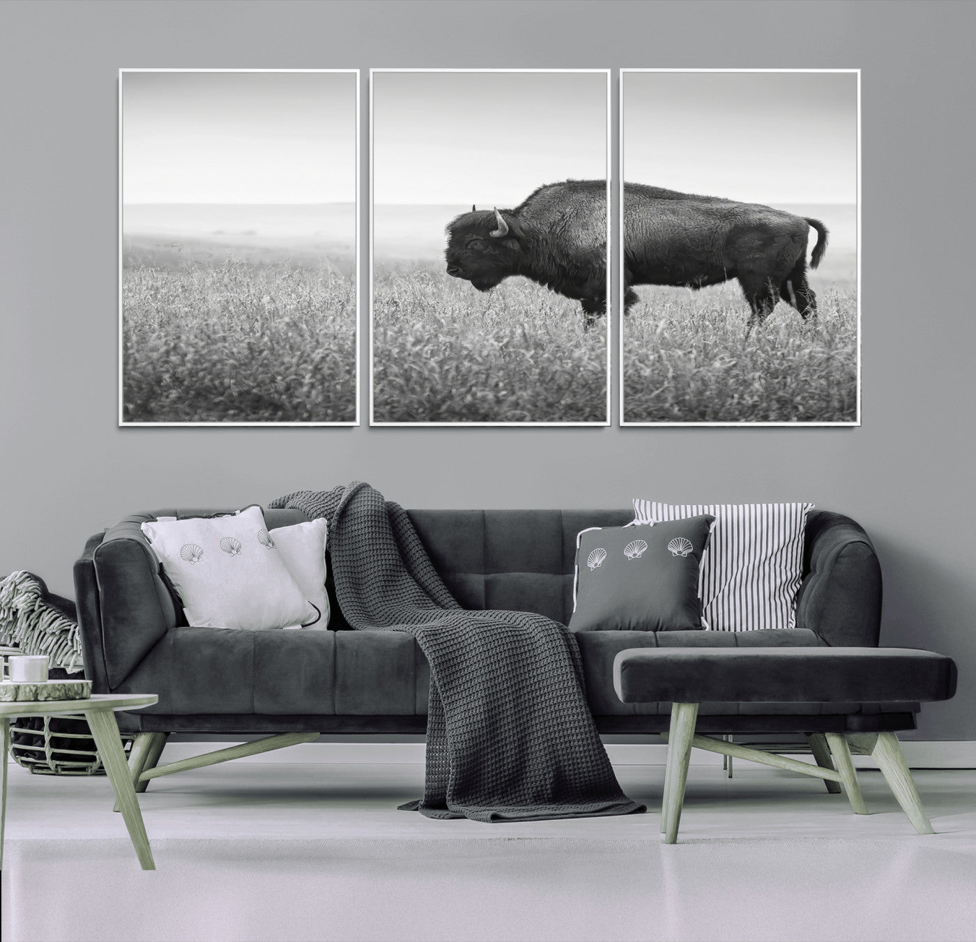 28435251-MGV-CV-36X24-Bison In Prairie Wall Art Canvas Print, Framed Rustic Wildlife Art Picture Print, Wild Buffalo Perfect Rustic Western Decor