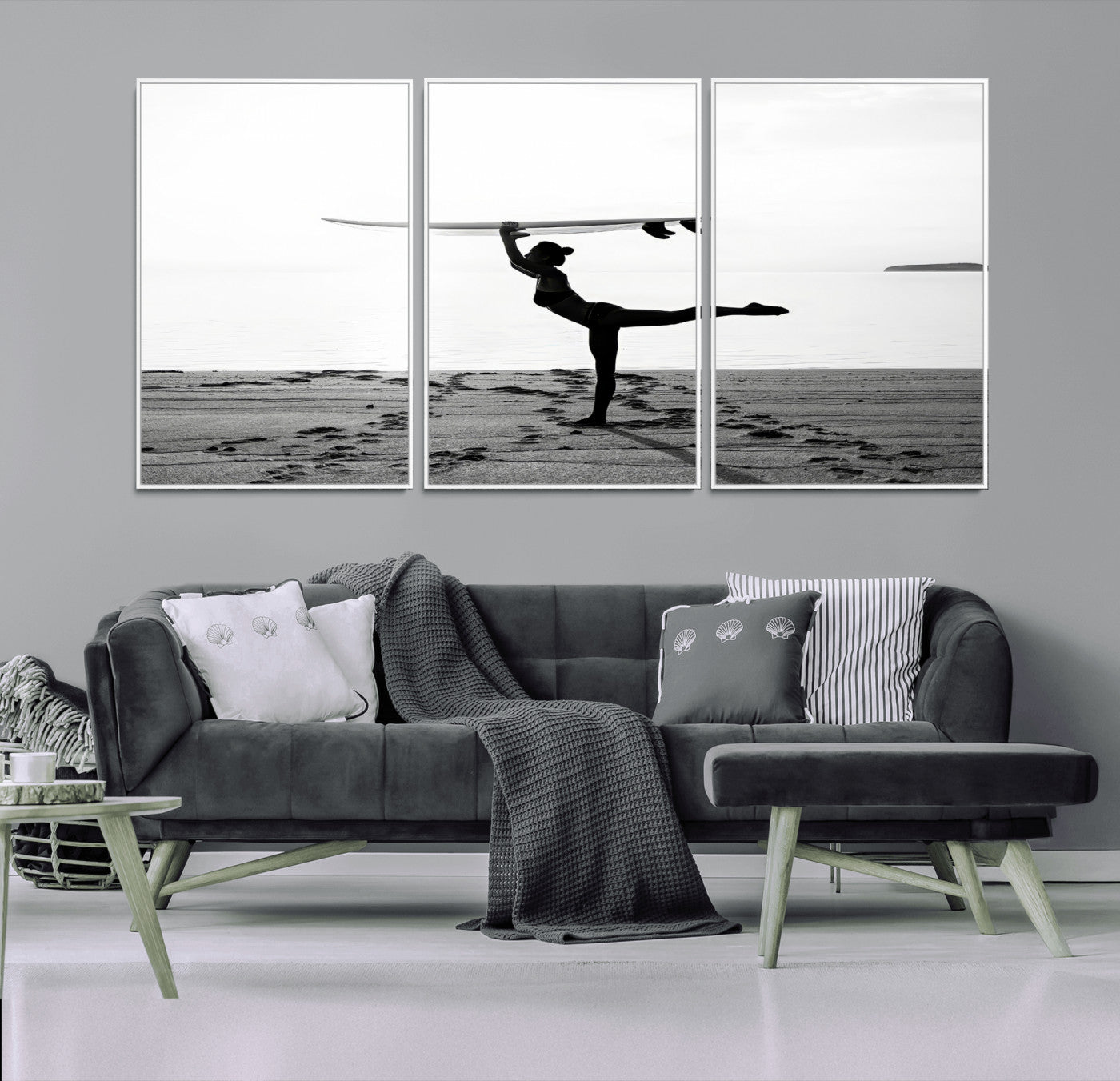 28441356-MGV-FC-60X30-3P_White-Yoga Surf Wall Art Canvas Print, Framed Black White Shore Art Picture Print, Peaceful Ocean Perfect Minimalist Coastal Decor
