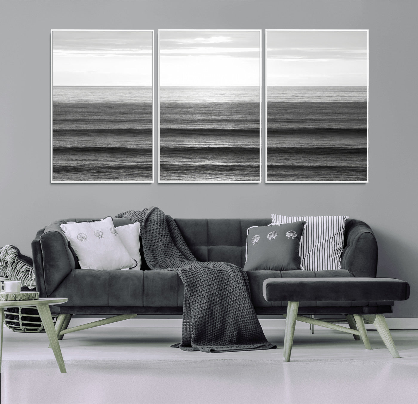 47305203-MGV-CV-36X24-Monochrome Ocean Wall Art Canvas Print, Framed Moody Ocean Art Picture Print, Calm Ocean Perfect Minimalist Coastal Decor Artwork