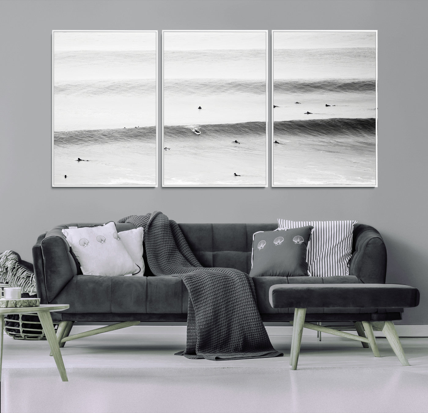 54291445-MGV-FC-60X30-3P_White-Black White Ocean Wall Art Canvas Print, Framed Coastal Sport Art Picture Print, Ocean Culture Perfect Minimalist Coastal Decor