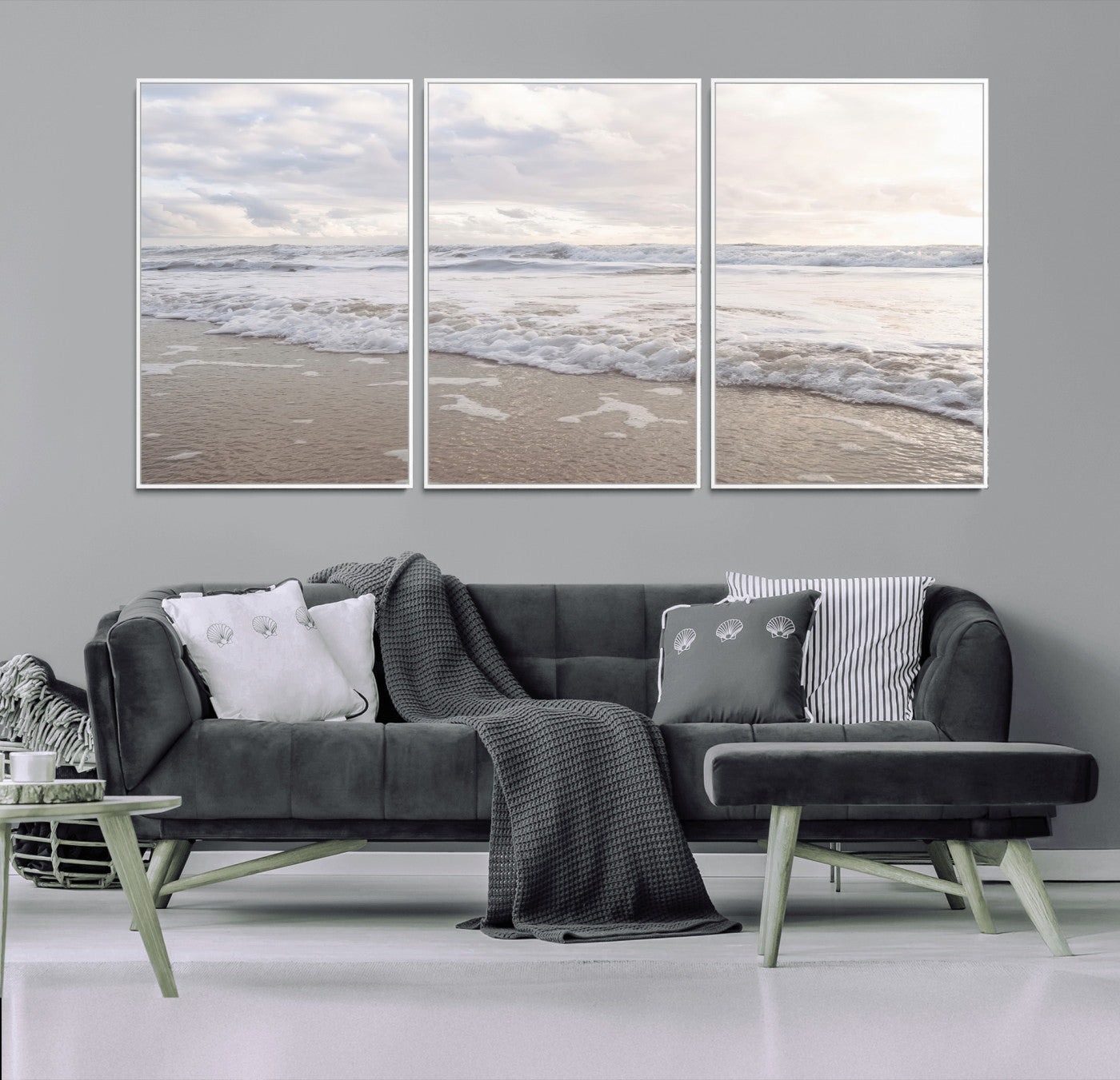 70596264-MGV-FC-60X30-3P_White-Ocean Waves Wall Art Canvas Print, Framed Coastal Shoreline Art Picture Print, Sea Foam Perfect Coastal Minimalist Decor Artwork
