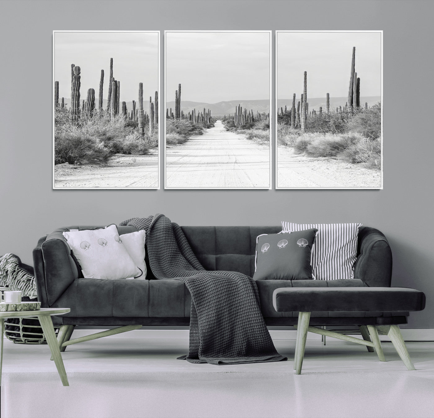 35537313-MGV-CV-36X24-Monochrome Desert Wall Art Canvas Print, Framed Cactus Path Art Picture Print, Southwestern Landscape Perfect Southwestern