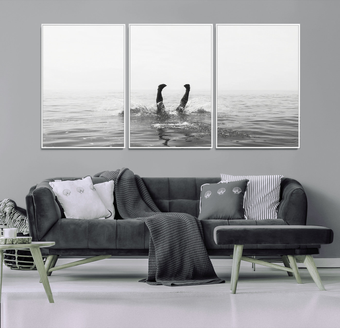 26667396-MGV-CV-36X24-Black White Ocean Wall Art Canvas Print, Framed Monochrome Water Art Picture Print, Diving into Water Perfect Minimalist Aquatic