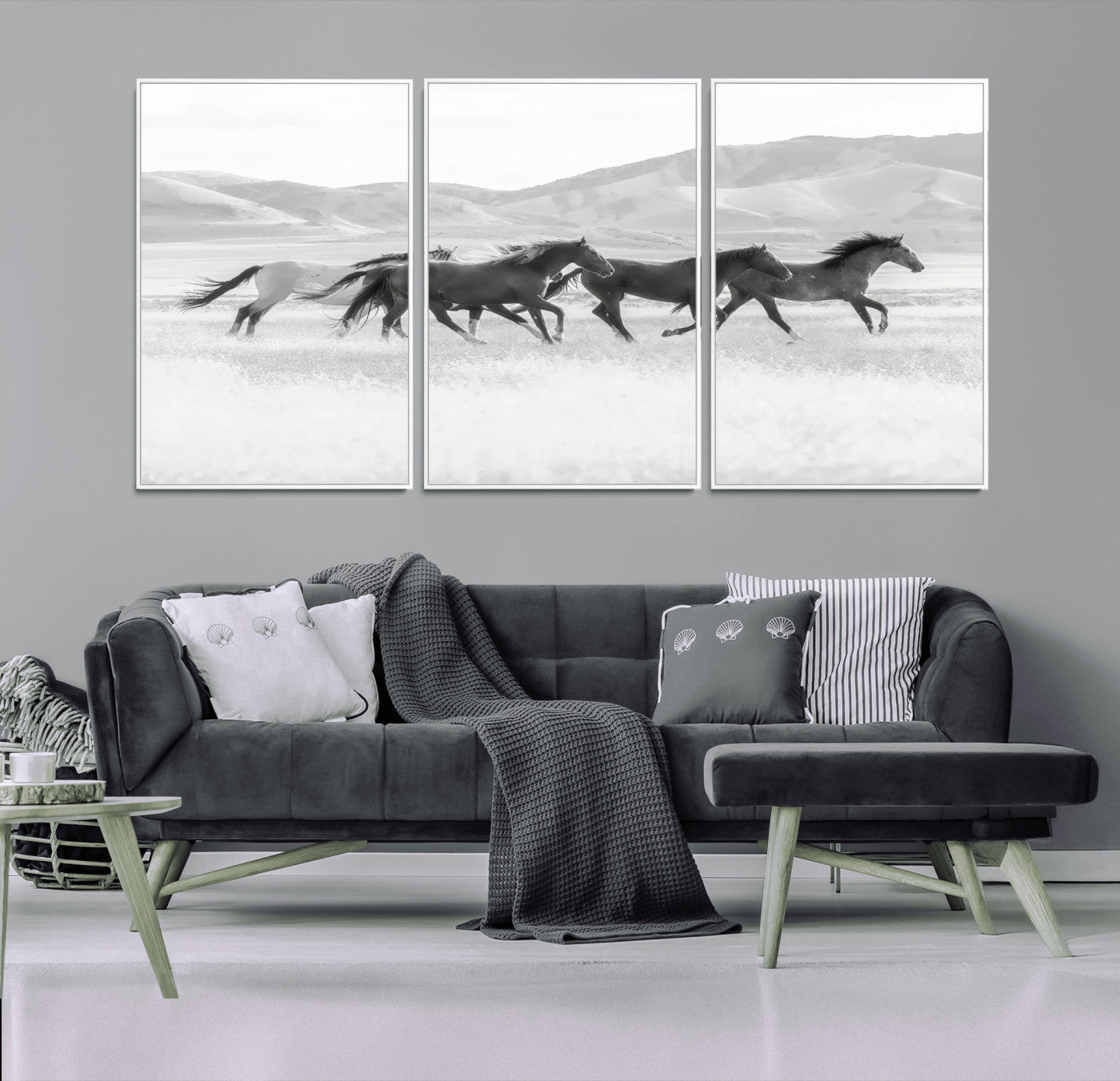 69934913-MGV-CV-36X24-Wild Horses Running Wall Art Canvas Print, Framed Black White Mustangs Art Picture Print, Rustic Western Perfect Rustic Western