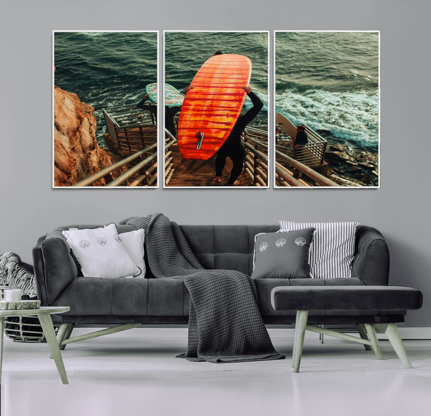 84555848-MGV-FC-60X30-3P_White-Surfer Stairway Wall Art Canvas Print, Framed Ocean Surf Art Picture Print, Sunset Coastal Perfect Coastal Adventure Decor Artwork