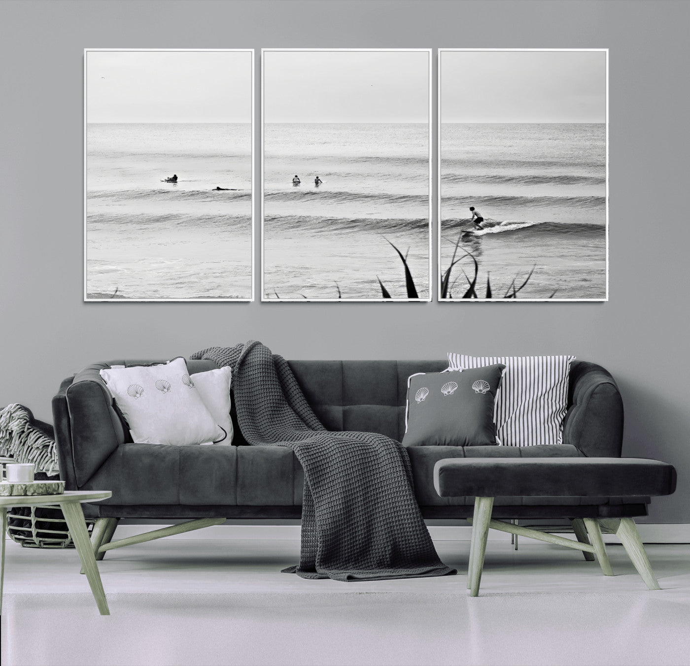 33821421-MGV-FC-60X30-3P_White-Surfer Silhouette Wall Art Canvas Print, Framed Calm Ocean Art Picture Print, Monochrome Surf Perfect Minimalist Coastal Decor