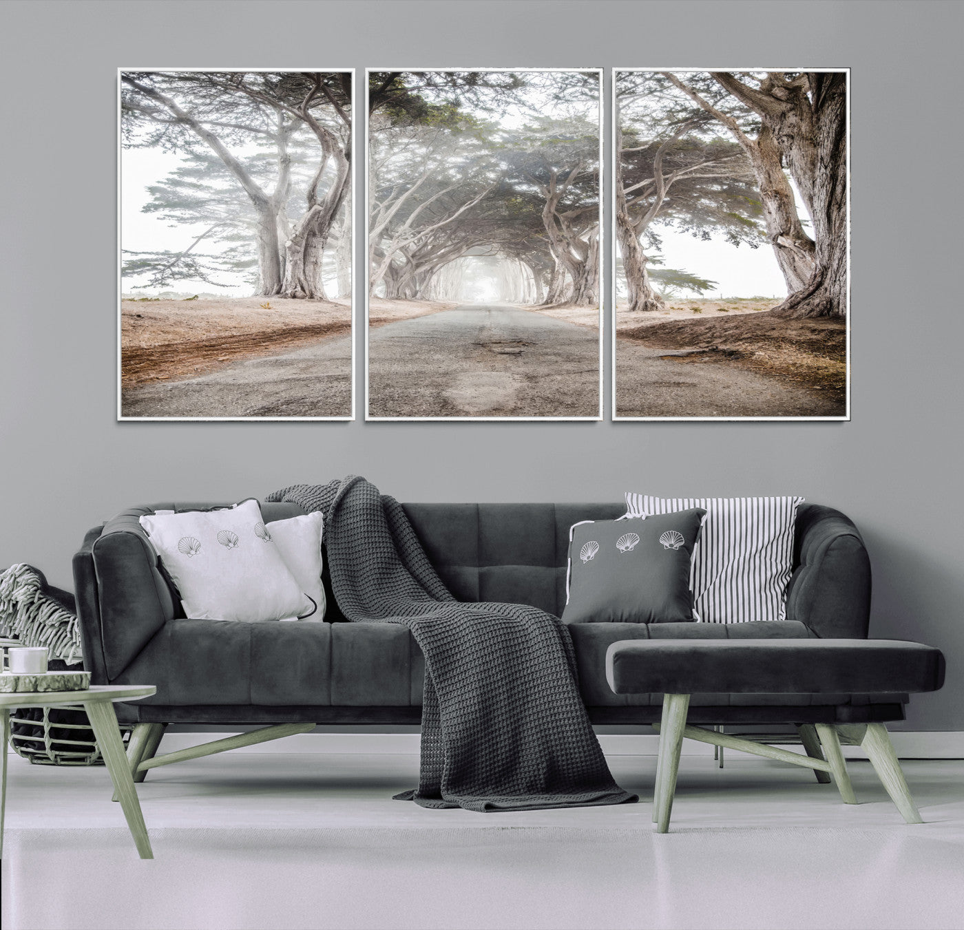 87090469-MGV-FC-60X30-3P_White-Cypress Tunnel Wall Art Canvas Print, Framed Misty Road Art Picture Print, Foggy Trees Perfect Rustic Woodland Decor Artwork
